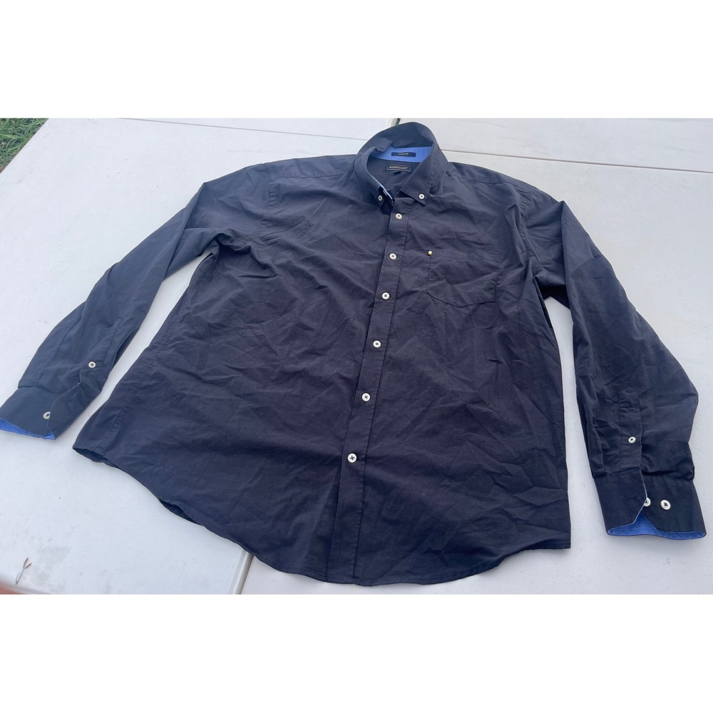 Mason James Mens XL Black Stretch Long Sleeve Button Down Shirt Blue Trim Pocket